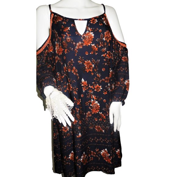 Dress Floral Short Summer A-line open shoulders long sleeve boho NWT LARGE - Picture 2 of 8